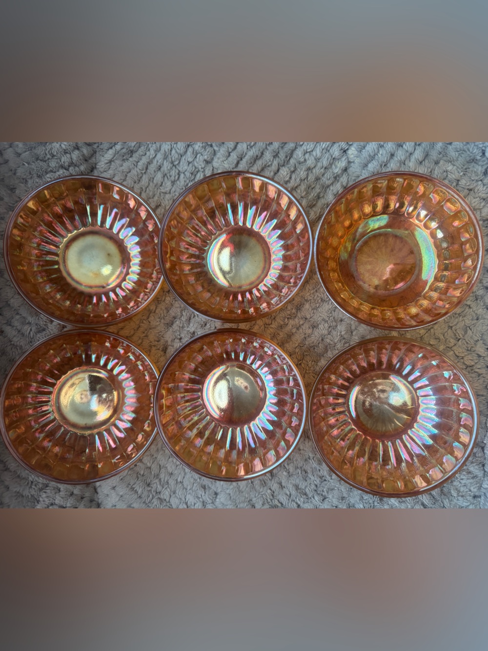 Vtg. Marigold Carnival Glass Berry Bowl Set Iridescent Peach Lustre Glass Set 6 - Picture 2 of 5